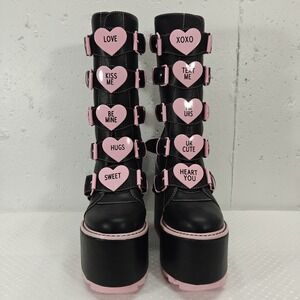 YRU‎ Platform Boots Valentines Conversation Hearts Zip Up Buckle Womens 7 Goth